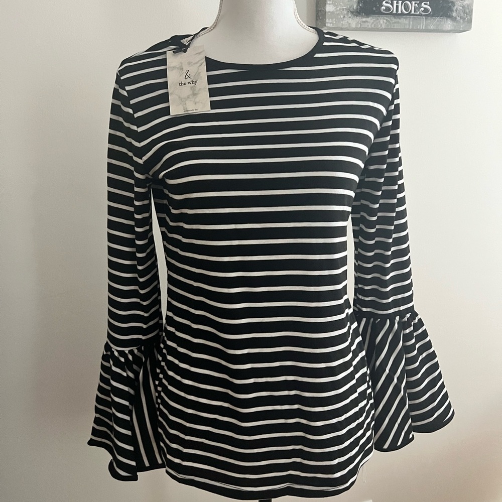 Elegant Black and White Striped Bell Sleeve Blouse